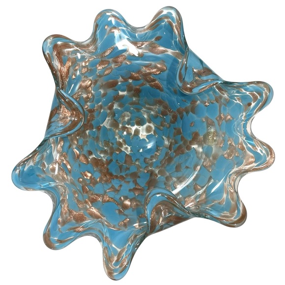 Vintage 1970s Murano Art Glass Decorative Bowl Stretch Fingers Blue Copper Clear - Picture 4 of 11